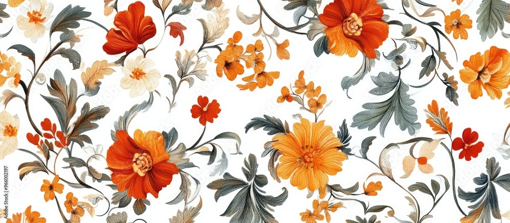 Floral pattern design featuring ornamental elements on a white backdrop Floral pattern design featuring ornamental elements on a white backdrop