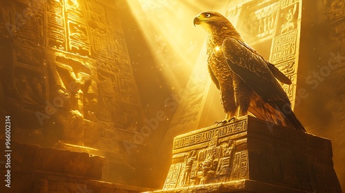 Majestic Golden Falcon Statue Surrounded by Ancient Mayan Pyramids in Serene Sunlight Glow