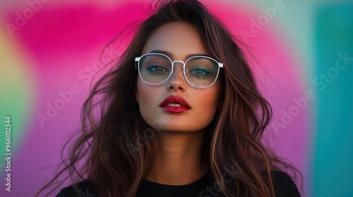 A confident woman wearing white-rimmed glasses and red lipstick stands against a vibrant, colorful wall, showcasing a perfect blend of elegance and modern style.