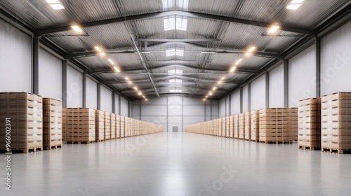 Modern warehouse interior with high ceilings and rows of stacked pallets, minimalist lighting creating a sleek industrial look