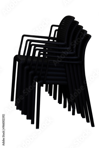 plastic black chairs stacked on top of each other isolated on white background