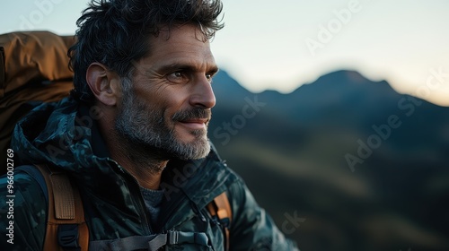 A rugged man with a backpack stands confidently in the mountains, ready for an adventure as the first light of dawn illuminates the majestic landscape.