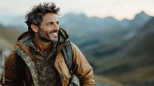 A joyous adventurer in rugged outdoor gear smiles broadly as he explores a breathtaking mountain landscape, radiating happiness and a zest for life.