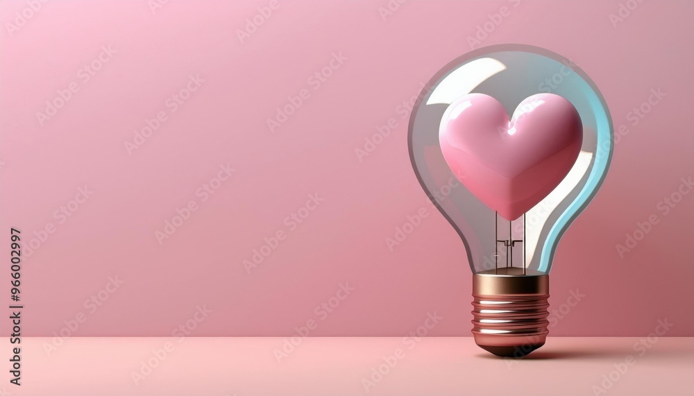 A creative light bulb with a pink heart inside against a pastel pink background, symbolizing love, innovation, and creativity. A creative light bulb with a pink heart inside against a pastel pink background, symbolizing love, innovation, and creativity.