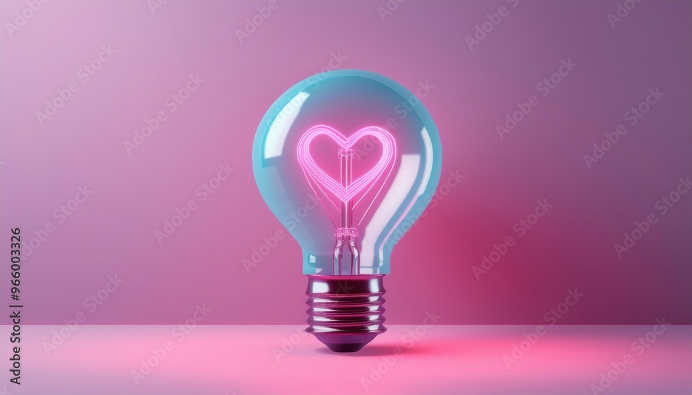 A glowing light bulb with a heart-shaped filament on a pink background, symbolizing creativity, love, and innovation in a romantic setting. A glowing light bulb with a heart-shaped filament on a pink background, symbolizing creativity, love, and innovation in a romantic setting.