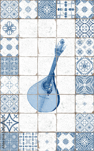 Obraz na płótnie Fado’s guitar in rectangular frame made of square ceramic tiles in Mediterranean style with cracks and scratches in retro style