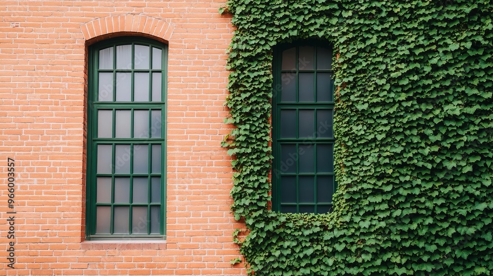 Fototapeta premium Rustic old brick warehouse exterior with ivy-covered walls, blending industrial history with natural growth