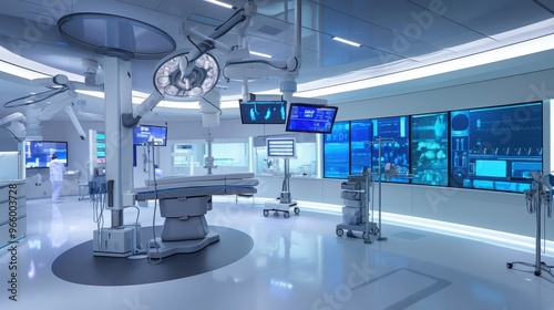 State of the Art Operating Room with Advanced Medical Technology and Robotic Surgical Arms. Anime style 