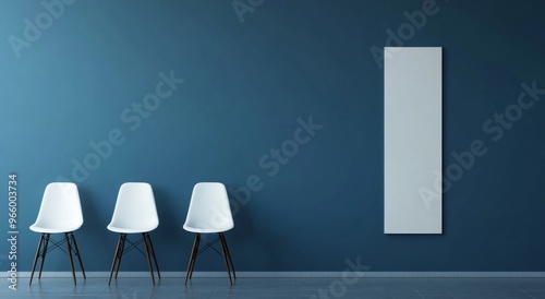 Modern interior with minimalist design featuring white chairs against blue wall
