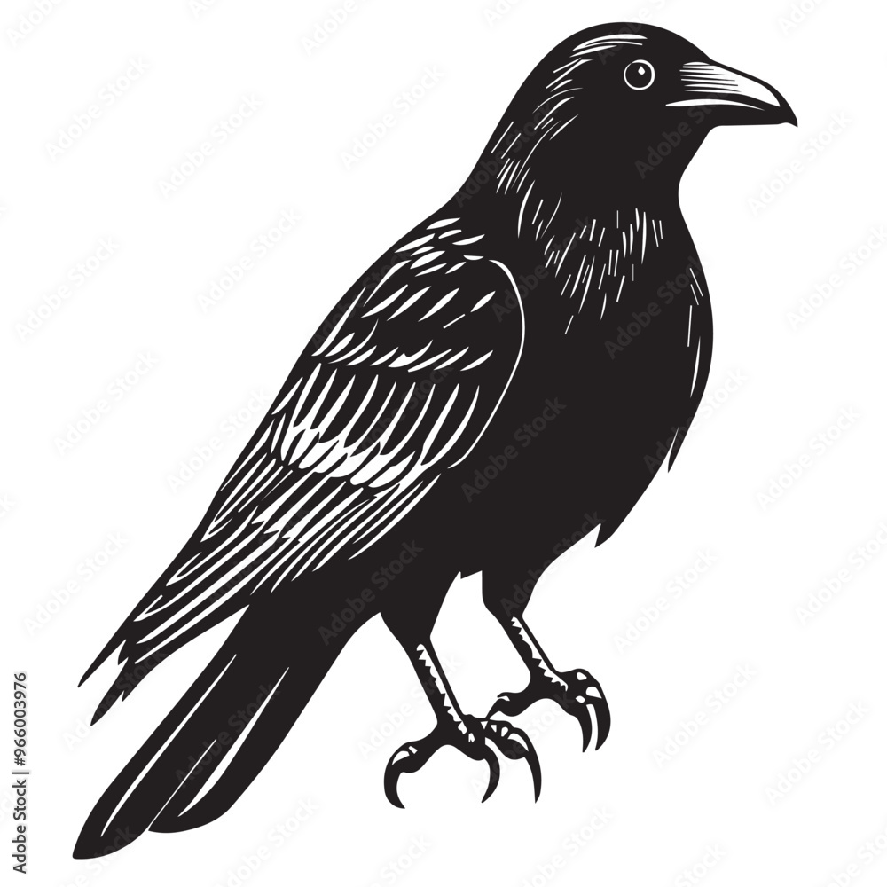 Fototapeta premium Raven in cartoon, doodle style . Image for t-shirt, web, mobile apps and ui. Isolated 2d vector illustration in logo, icon, sketch style, Eps 10, black and white. AI Generative