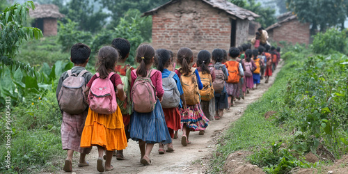 Children walking to school in rural area, symbolizing education and poverty in developing regions