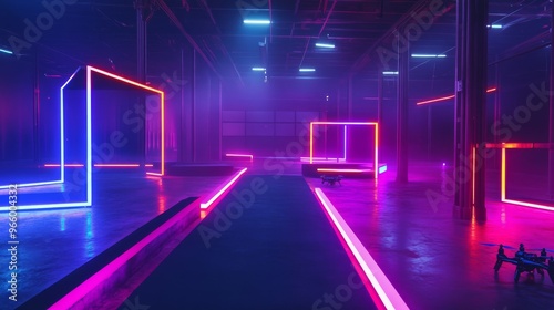 Indoor Arena for Drone Racing with a Neon-Lit Obstacle Course photo