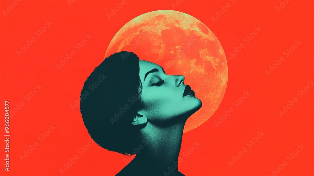 Obraz premium A striking silhouette of a woman against a vibrant red background, with a luminous moon highlighting her profile.