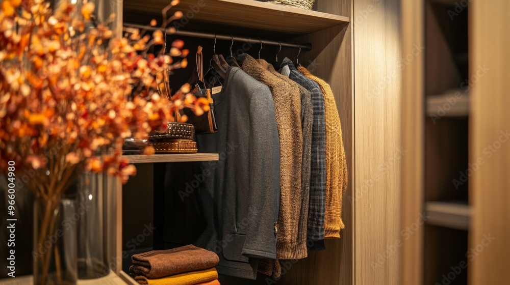 Stylish interior of dressing room with autumn clothes and accessories Stylish interior of dressing room with autumn clothes and accessories