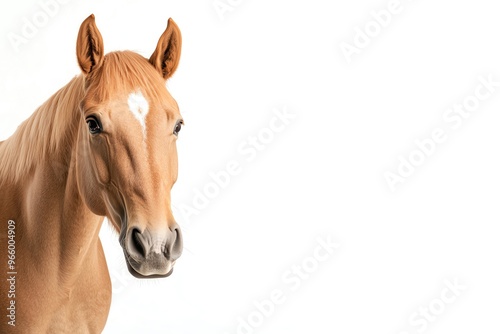 A stunning portrait of a brown horse with a white mark on its forehead, showcasing its beauty and grace against a white background.