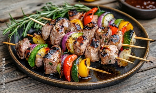 Grilled meat skewers with colorful vegetables on a rustic wooden table in a g...