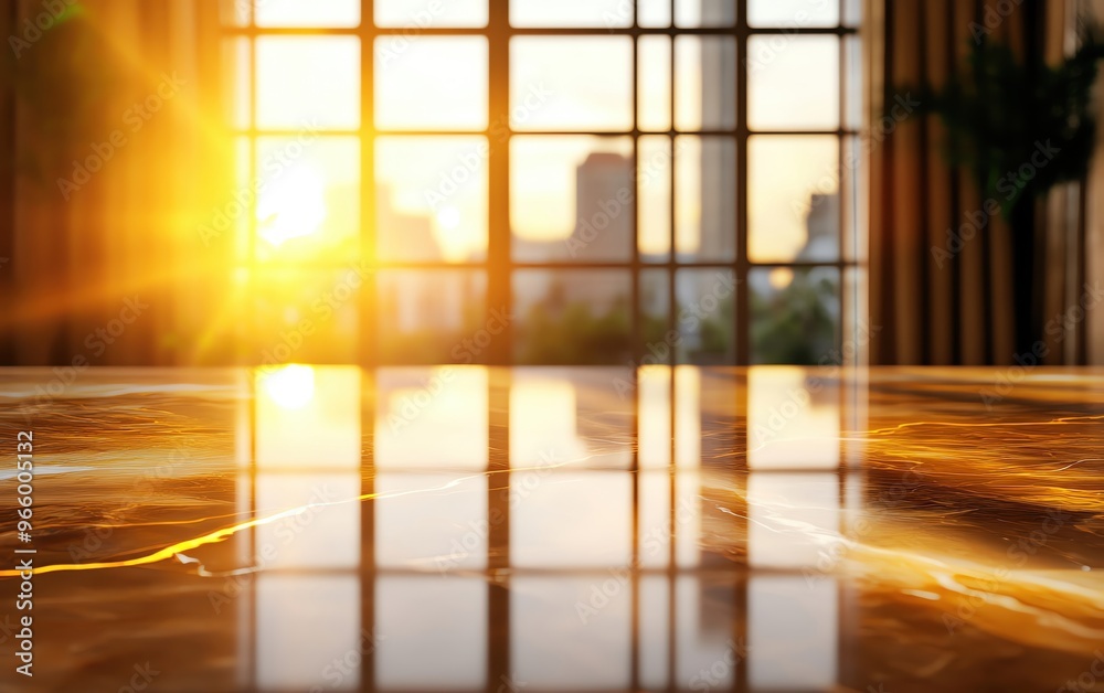 A stunning sunrise casts warm light across a polished floor, highlighting a modern interior with urban views.