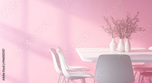 Modern dining area with white table and chairs against vibrant pink wall