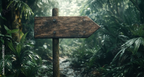 A rustic wooden signpost directs explorers through a lush tropical jungle at ...