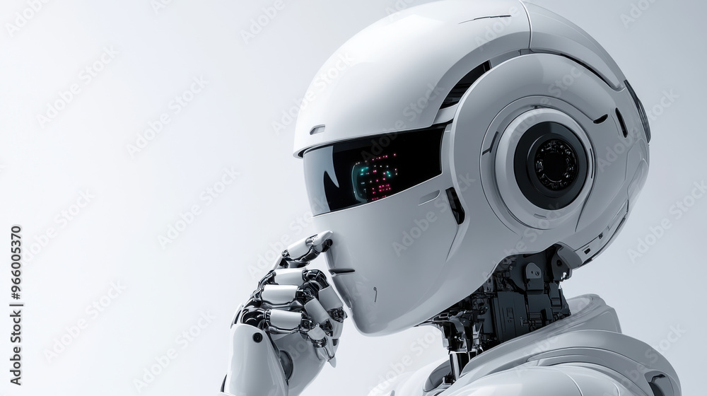 A high-tech, futuristic white robot in deep thought with one hand raised to its face, symbolizing artificial intelligence and machine learning. A high-tech, futuristic white robot in deep thought with one hand raised to its face, symbolizing artificial intelligence and machine learning.