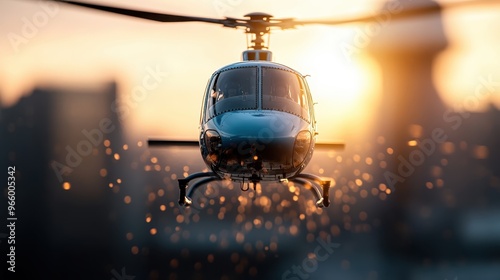 A helicopter is seen mid-flight with a stunning sunlit city backdrop, capturing the essence of urban exploration and the marvel of modern aviation at golden hour. photo