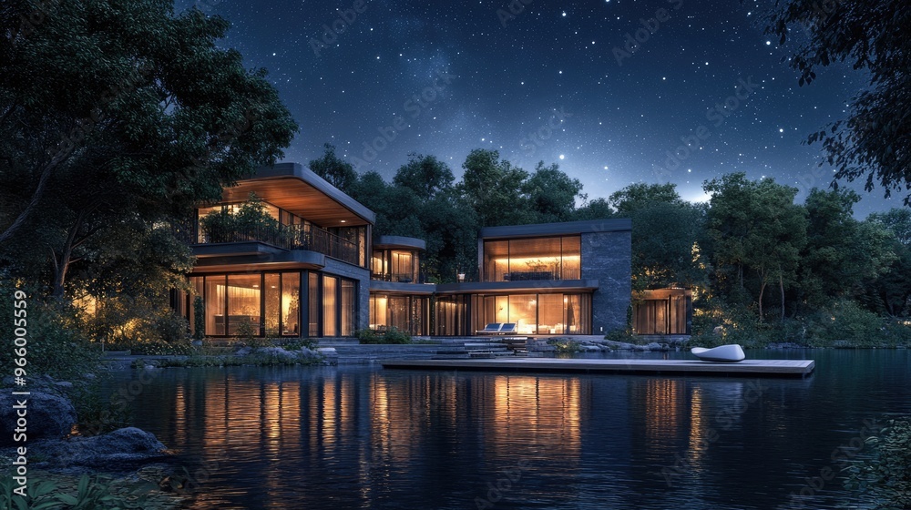 Luxurious high tech house by a serene lakeside A stunning starry evening depicted in 3D render Luxurious high tech house by a serene lakeside A stunning starry evening depicted in 3D render