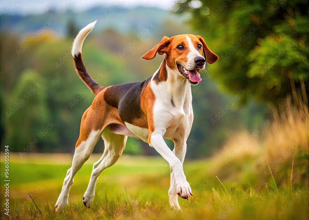A Beautiful English Foxhound Runs With Its Long, Lean Body, Pointed Ears, And Distinctive Coloration In A Scenic Outdoor Setting. A Beautiful English Foxhound Runs With Its Long, Lean Body, Pointed Ears, And Distinctive Coloration In A Scenic Outdoor Setting.