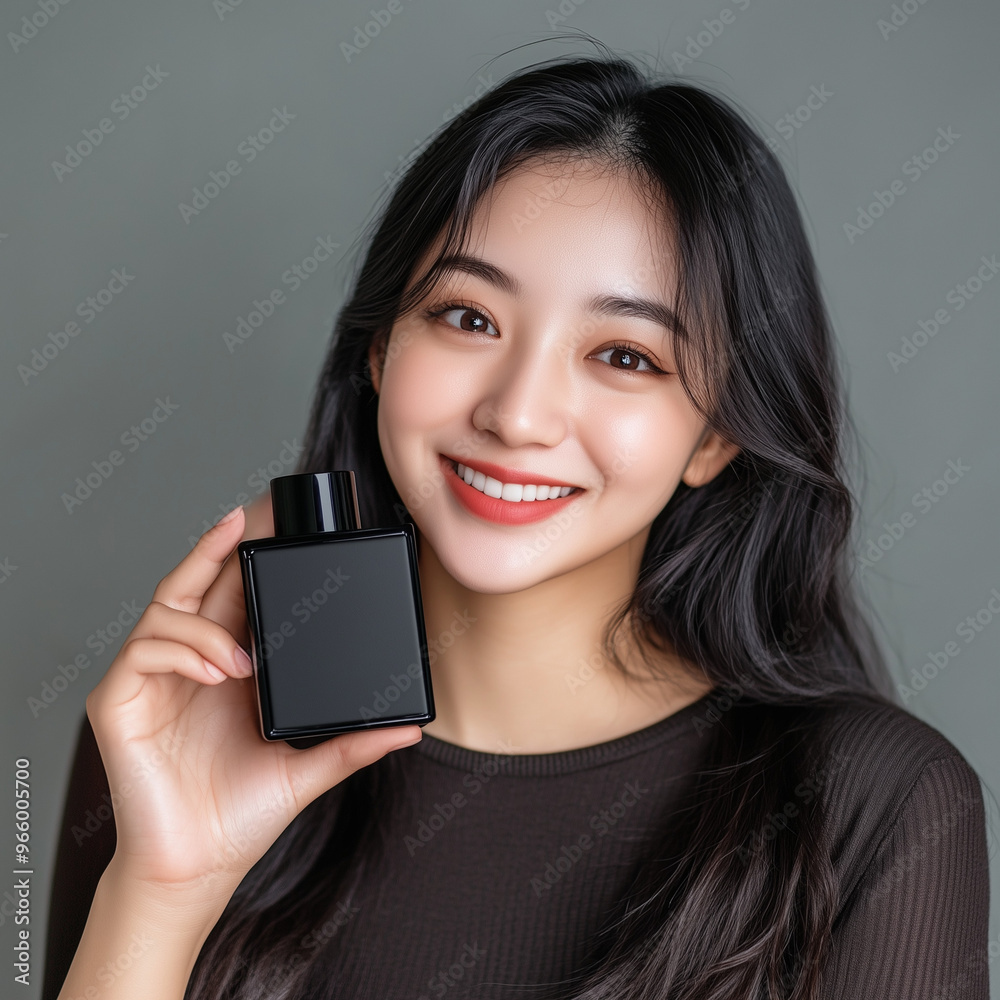 A smiling Asian woman holding a square black empty perfume bottle in her hand, mockup, Ai generated images A smiling Asian woman holding a square black empty perfume bottle in her hand, mockup, Ai generated images