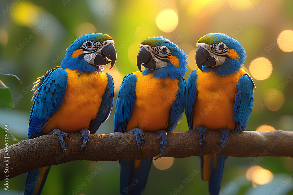 Obraz premium Three vibrant blue and yellow macaws perched on a branch in a lush, sunlit environment.