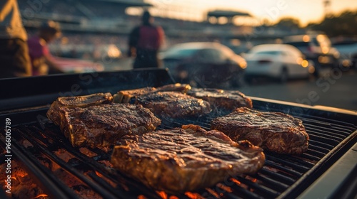 Juicy steaks grilling at a tailgate event, with the stadium and parked photo