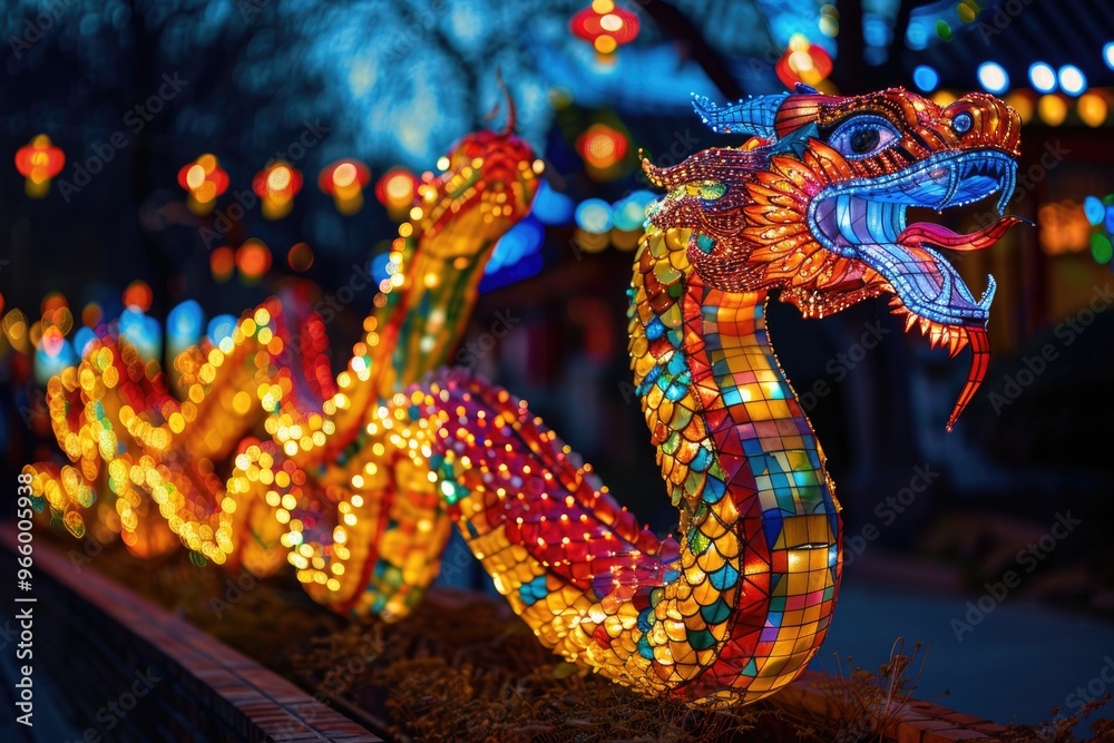 Fototapeta premium Vibrant Chinese Dragon Lantern Sculpture at Night Festival