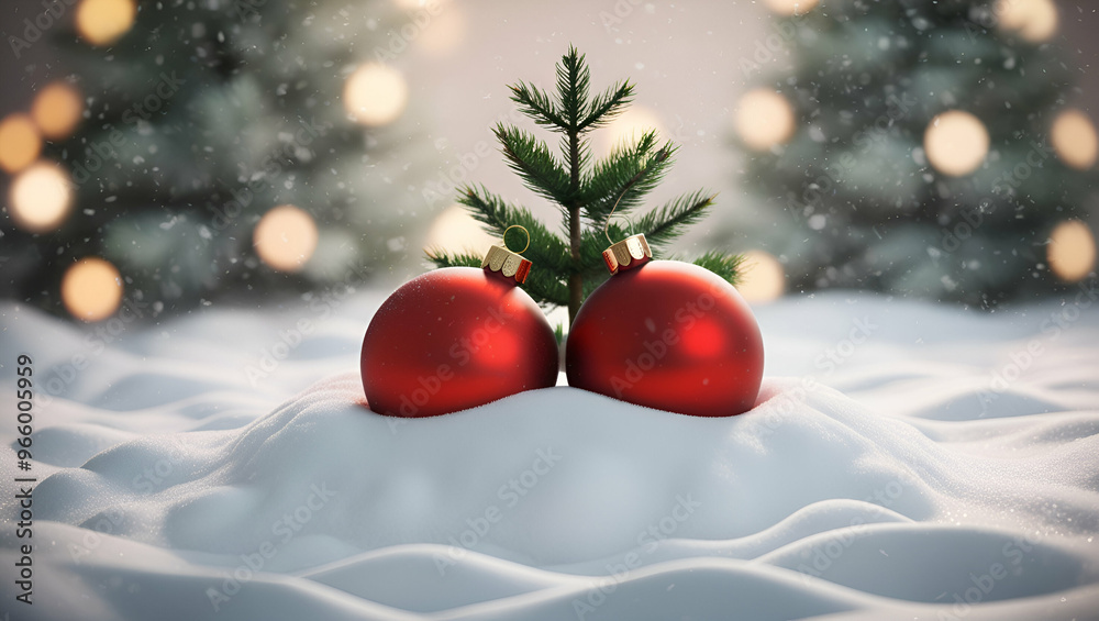 red Christmas ball on snow and Xmas tree background/ Merry Christmas copy space Background red Christmas ball on snow and Xmas tree background/ Merry Christmas copy space Background
