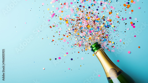 Celebratory champagne bottle explosion with colorful confetti on a bright background