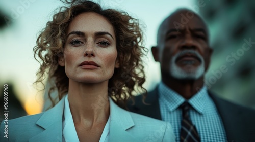 A confident woman in a light-colored suit stands sharply in focus while a man in a suit is blurred in the background, portraying a professional urban setting.