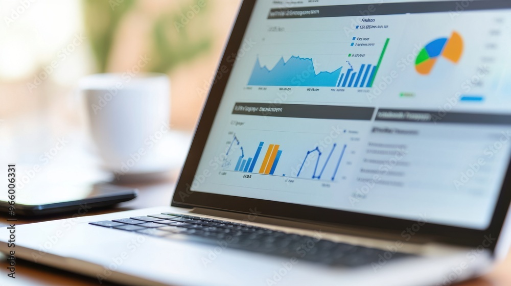 Laptop close-up with colorful charts and website analytics, analyzing blog SEO metrics Laptop close-up with colorful charts and website analytics, analyzing blog SEO metrics