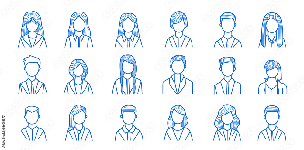 Avatar people silhouette blue line art icon collection isolated on white background