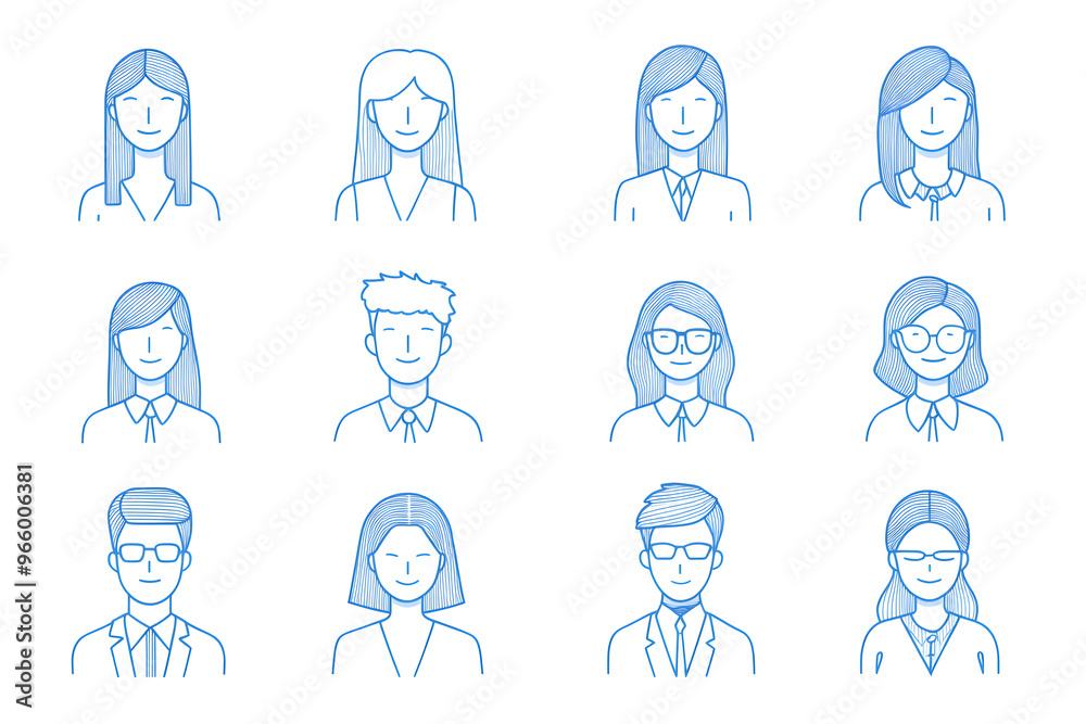 Avatar people silhouette blue line art icon collection isolated on white background Avatar people silhouette blue line art icon collection isolated on white background