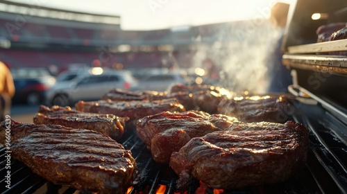 Juicy steaks grilling at a tailgate event, with the stadium and parked photo