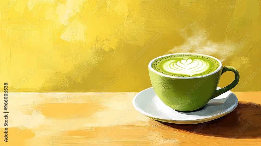 Obraz premium A steaming cup of matcha latte against a yellow background