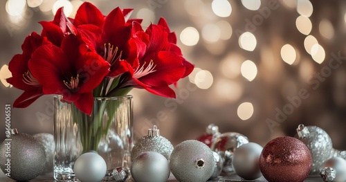 Bright red amaryllis flowers in a vase with silver ornaments during festive w...