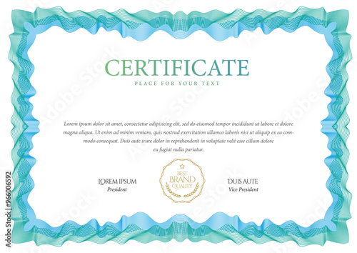 Blue Certificate Template. Diploma of modern design or gift certificate. Frame from guilloche pattern. Elegant and expensive design. Vector illustration.