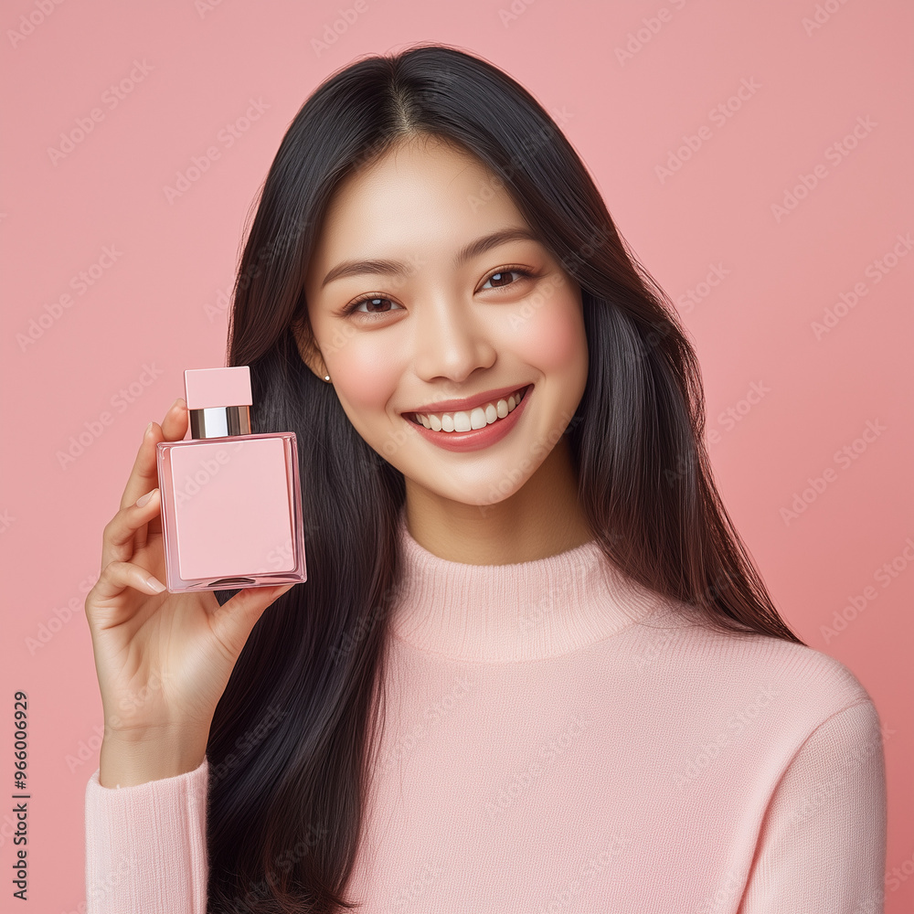 A smiling Asian woman holding a square pink empty perfume bottle in her hand, mockup, Ai generated images A smiling Asian woman holding a square pink empty perfume bottle in her hand, mockup, Ai generated images