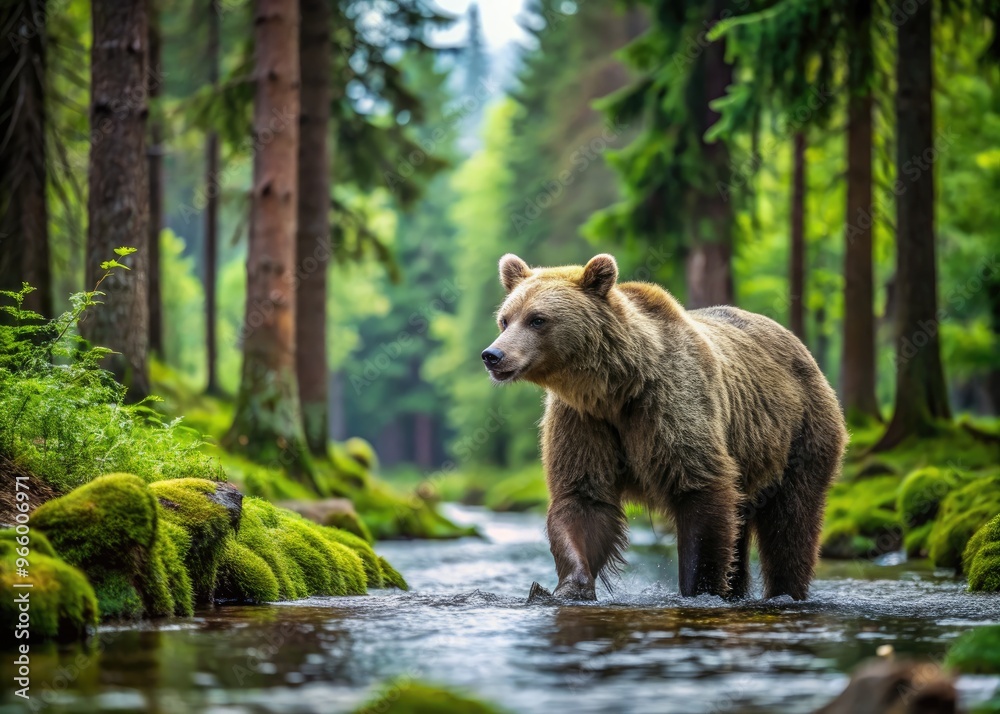 A Brown Bear Walks Determinedly Through A Lush Green Forest, Surrounded By Towering Trees And A Babbling Brook. A Brown Bear Walks Determinedly Through A Lush Green Forest, Surrounded By Towering Trees And A Babbling Brook.