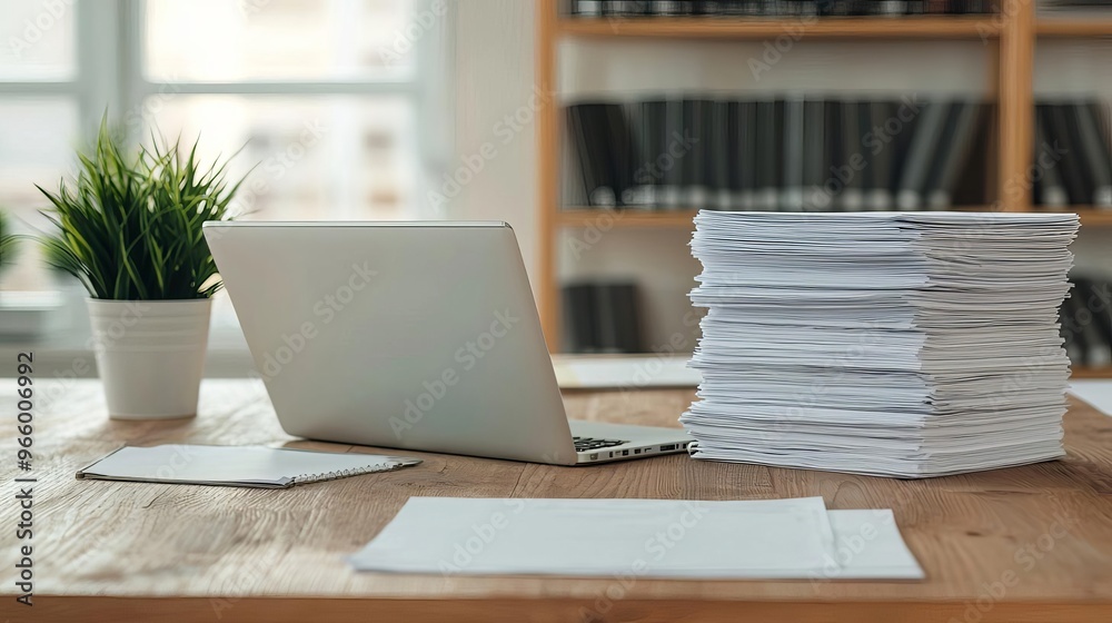 A modern workspace featuring a laptop, stacks of documents, and a potted plant on a wooden table, ideal for productivity. A modern workspace featuring a laptop, stacks of documents, and a potted plant on a wooden table, ideal for productivity.