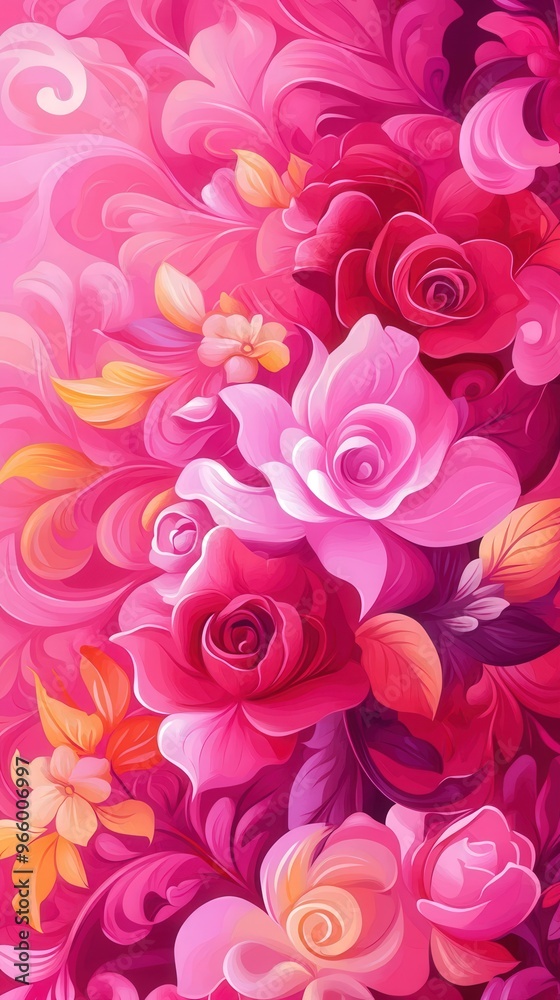 Vibrant Pink Floral Abstraction, an intricate display of swirling patterns and blooming shapes, set against a bold hot pink backdrop, exuding energy and elegance.