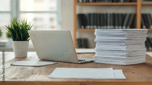 A modern workspace featuring a laptop, stacks of documents, and a potted plant on a wooden table, ideal for productivity. photo