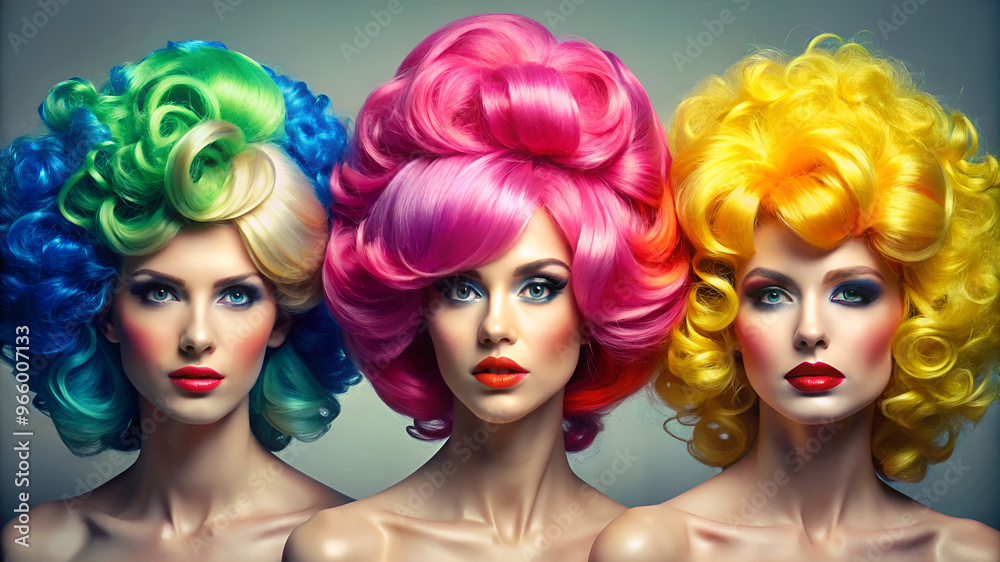 a series of retro-style wigs, including voluminous 60s beehives, 80s curls, and sleek 70s disco hair, in both natural and neon colors, arranged neatly on a white canvas. a series of retro-style wigs, including voluminous 60s beehives, 80s curls, and sleek 70s disco hair, in both natural and neon colors, arranged neatly on a white canvas.