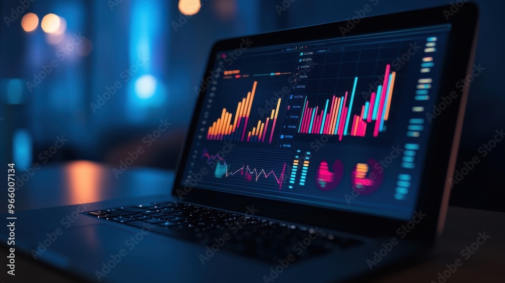 Laptop screen with vivid graphs and statistics on website traffic, Laptop screen with vivid graphs and statistics on website traffic,