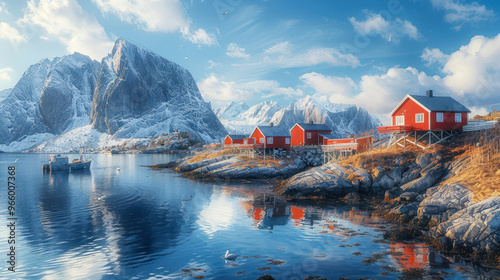 Snowy mountain fjord with red cabins and calm water