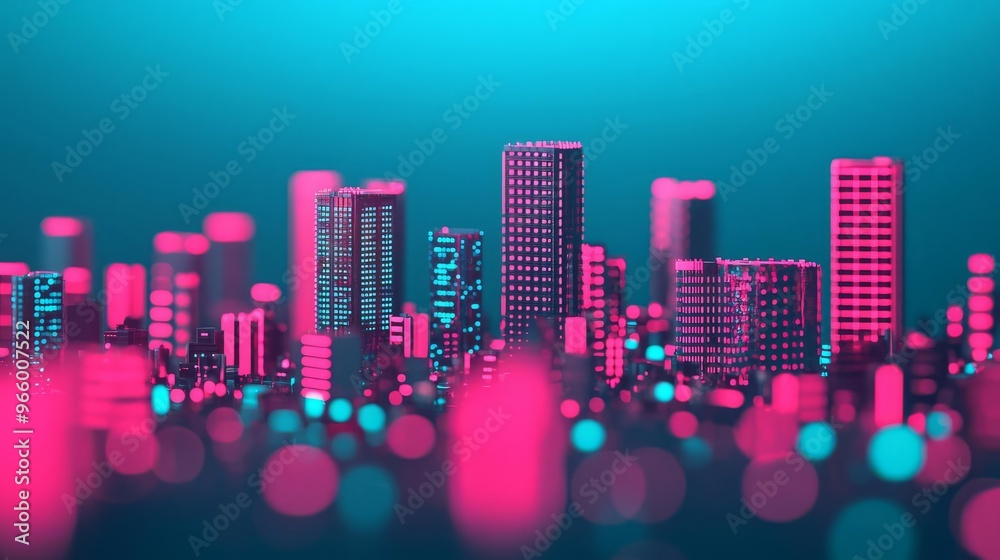 Futuristic cityscape with glowing buildings in vibrant pink and blue colors, creating a modern urban atmosphere. Futuristic cityscape with glowing buildings in vibrant pink and blue colors, creating a modern urban atmosphere.